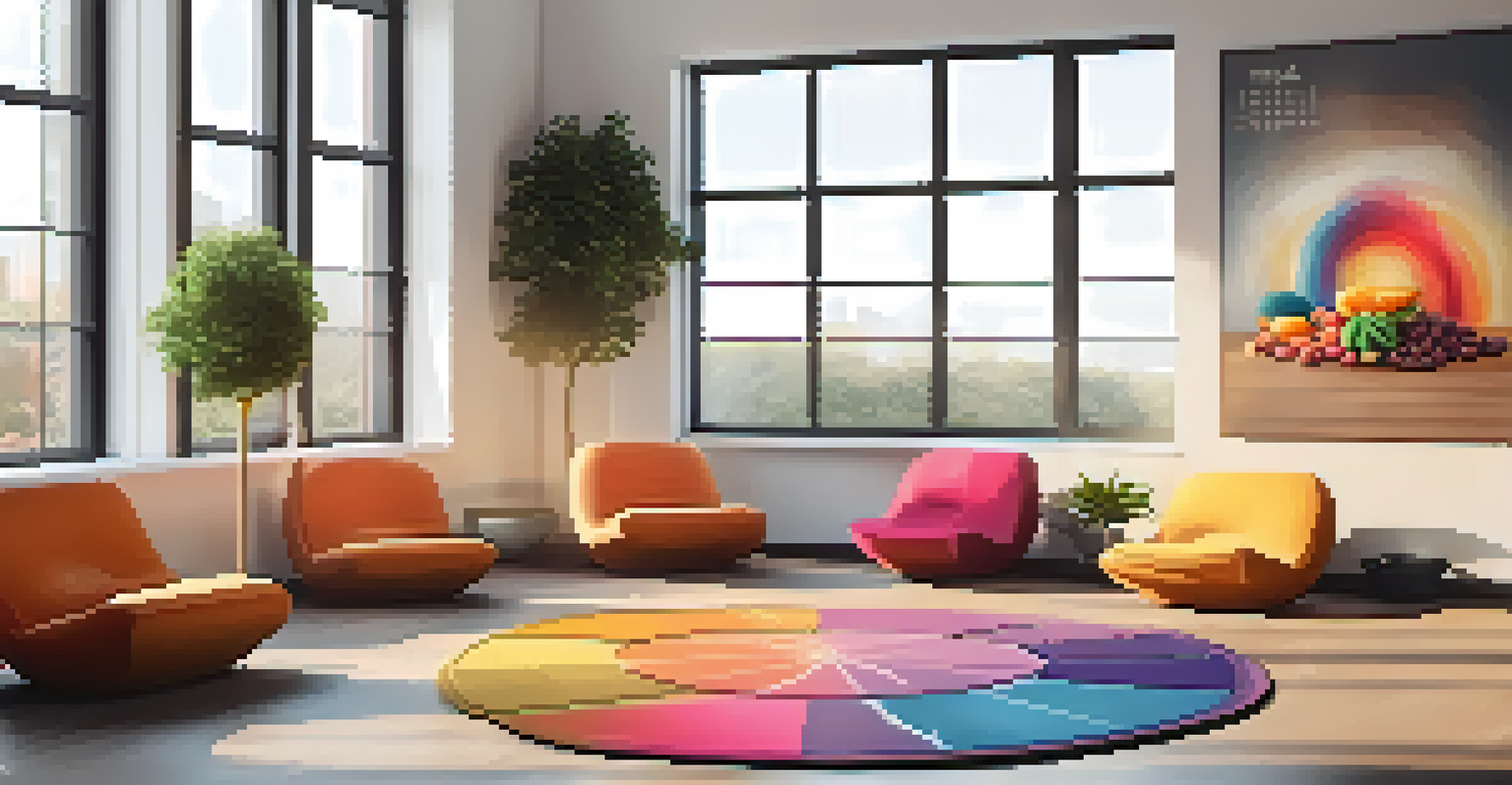 A yoga class setup in an office with colorful mats, cushions, and ambient lighting, featuring a motivational quote on the wall.