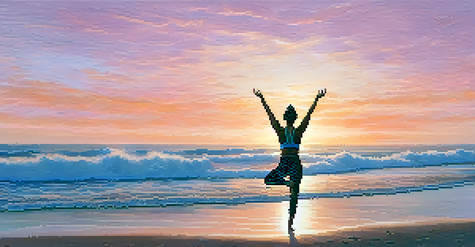A person doing yoga on a beach at sunrise with waves in the background.