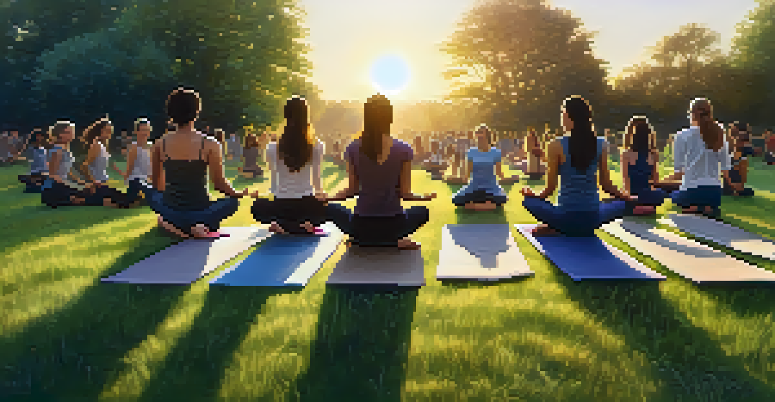 Students practicing yoga outdoors in a grassy field during sunset, demonstrating a sense of community and joy.