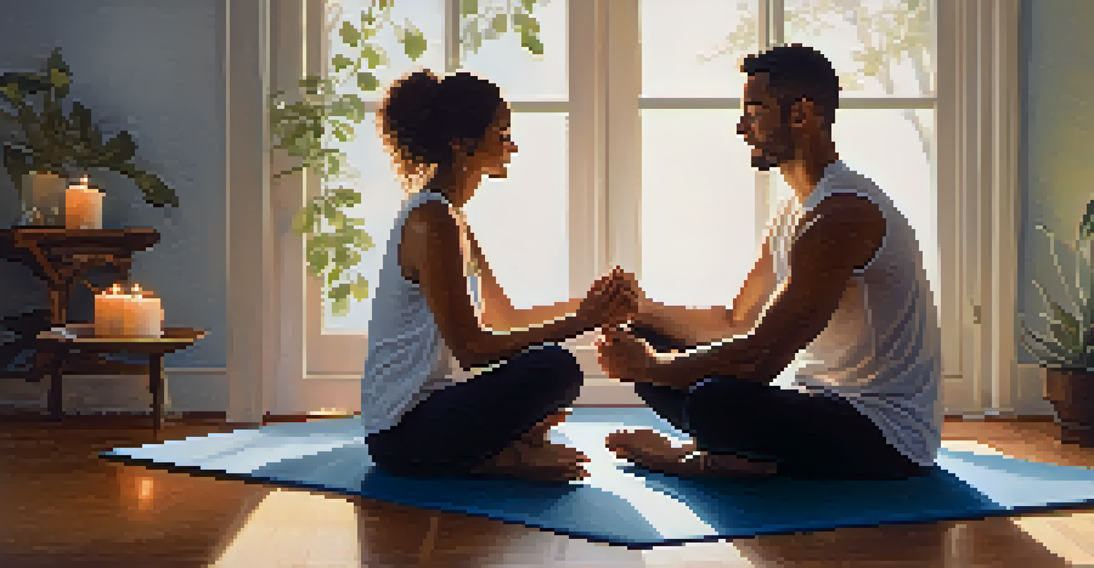 Two individuals sitting cross-legged on a yoga mat, holding hands and breathing together, surrounded by candles and soft lighting.