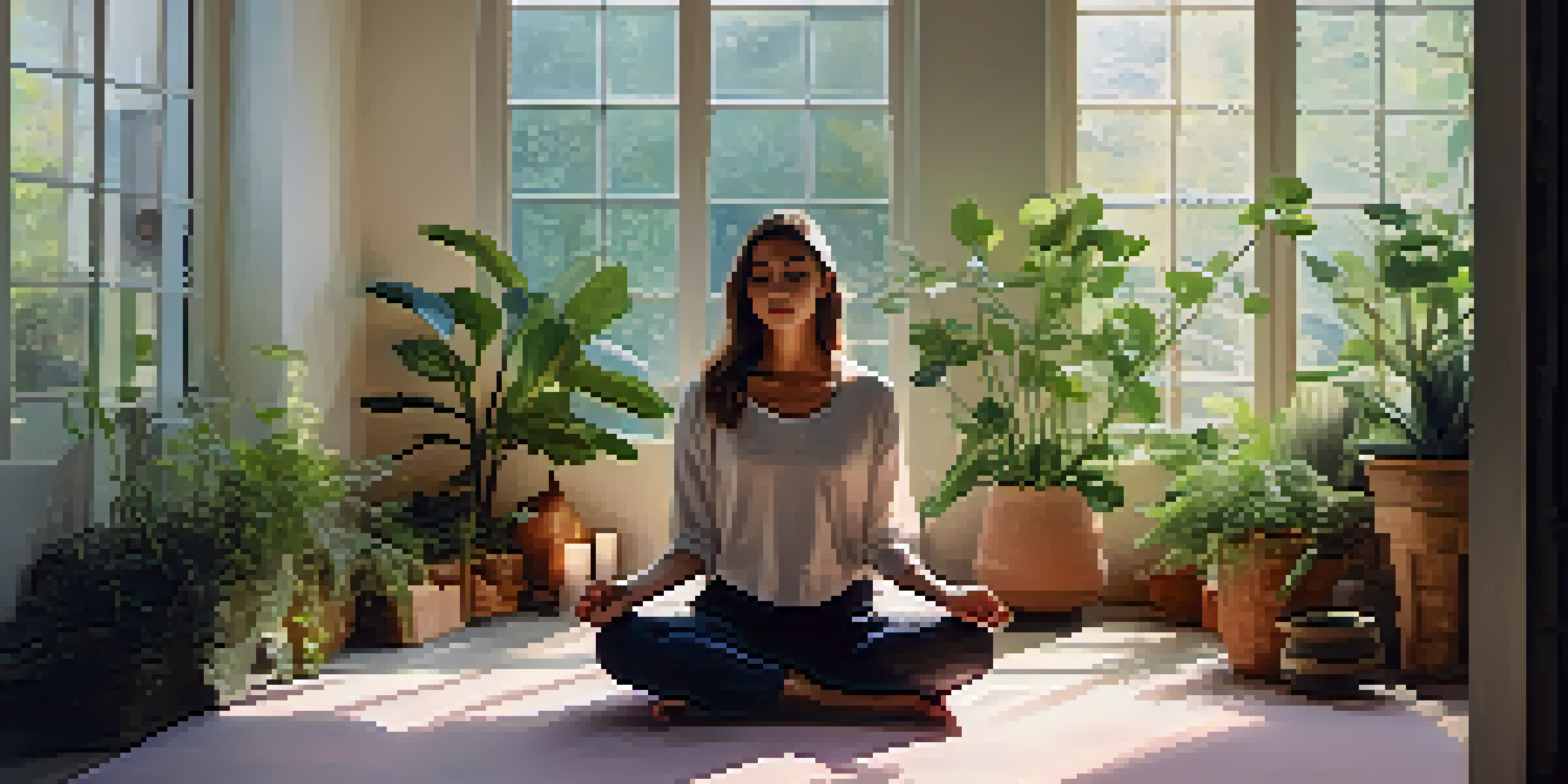 A person meditating in a peaceful room filled with plants and candles, illuminated by soft natural light.