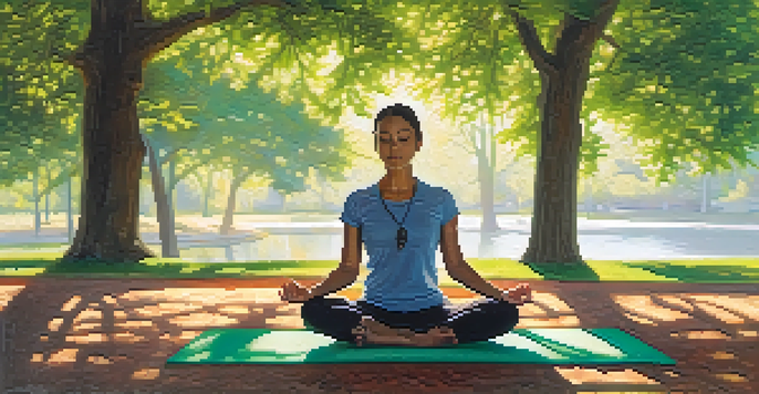 A person meditating in a peaceful park with sunlight filtering through trees, surrounded by greenery.