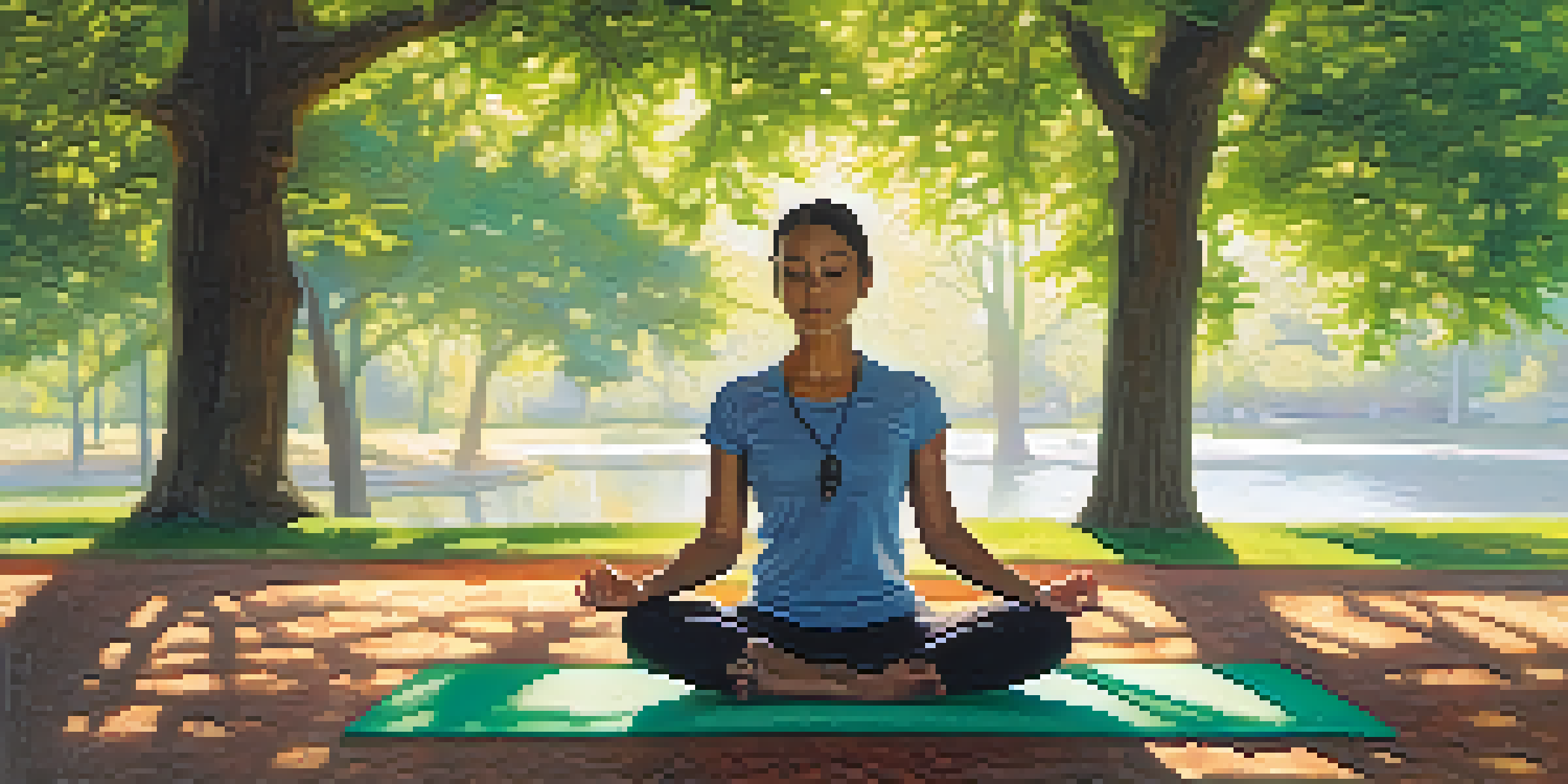 A person meditating in a peaceful park with sunlight filtering through trees, surrounded by greenery.