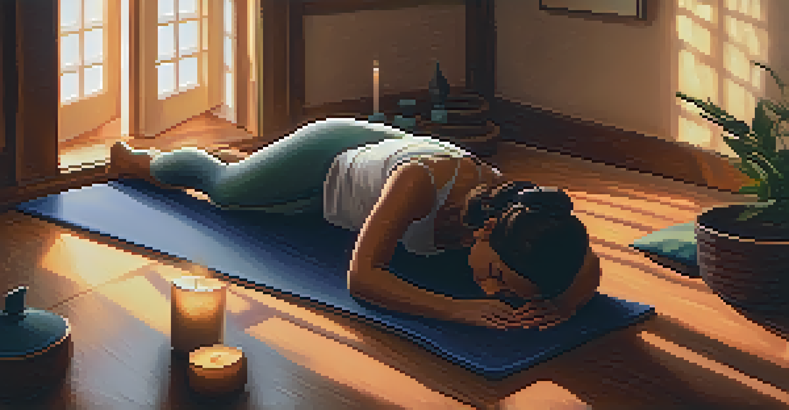 A person in Child's Pose on a yoga mat in a cozy room, surrounded by soft cushions and candles, exuding tranquility.