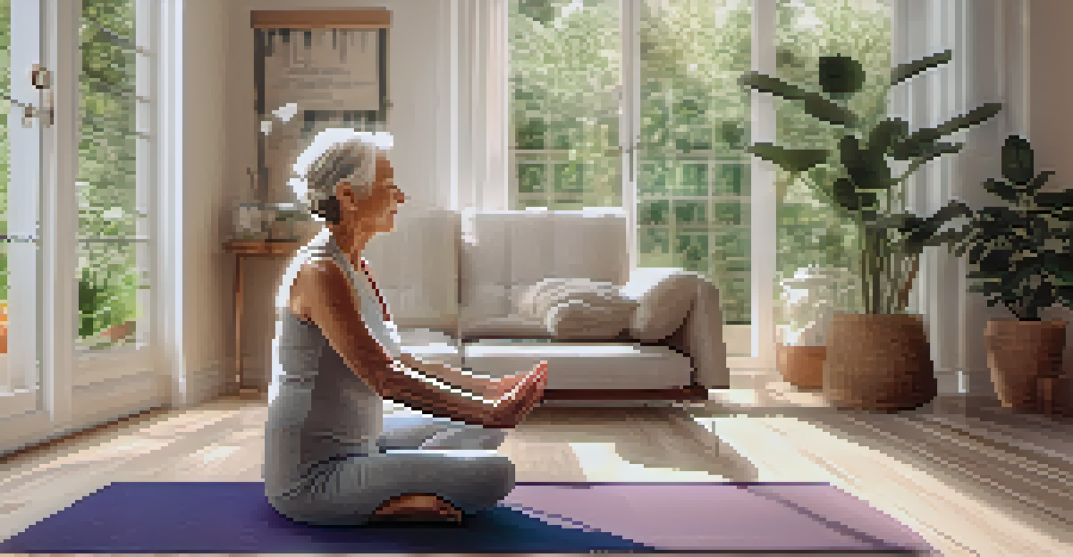 An elderly woman practicing yoga with support in a calming, sunlit room.