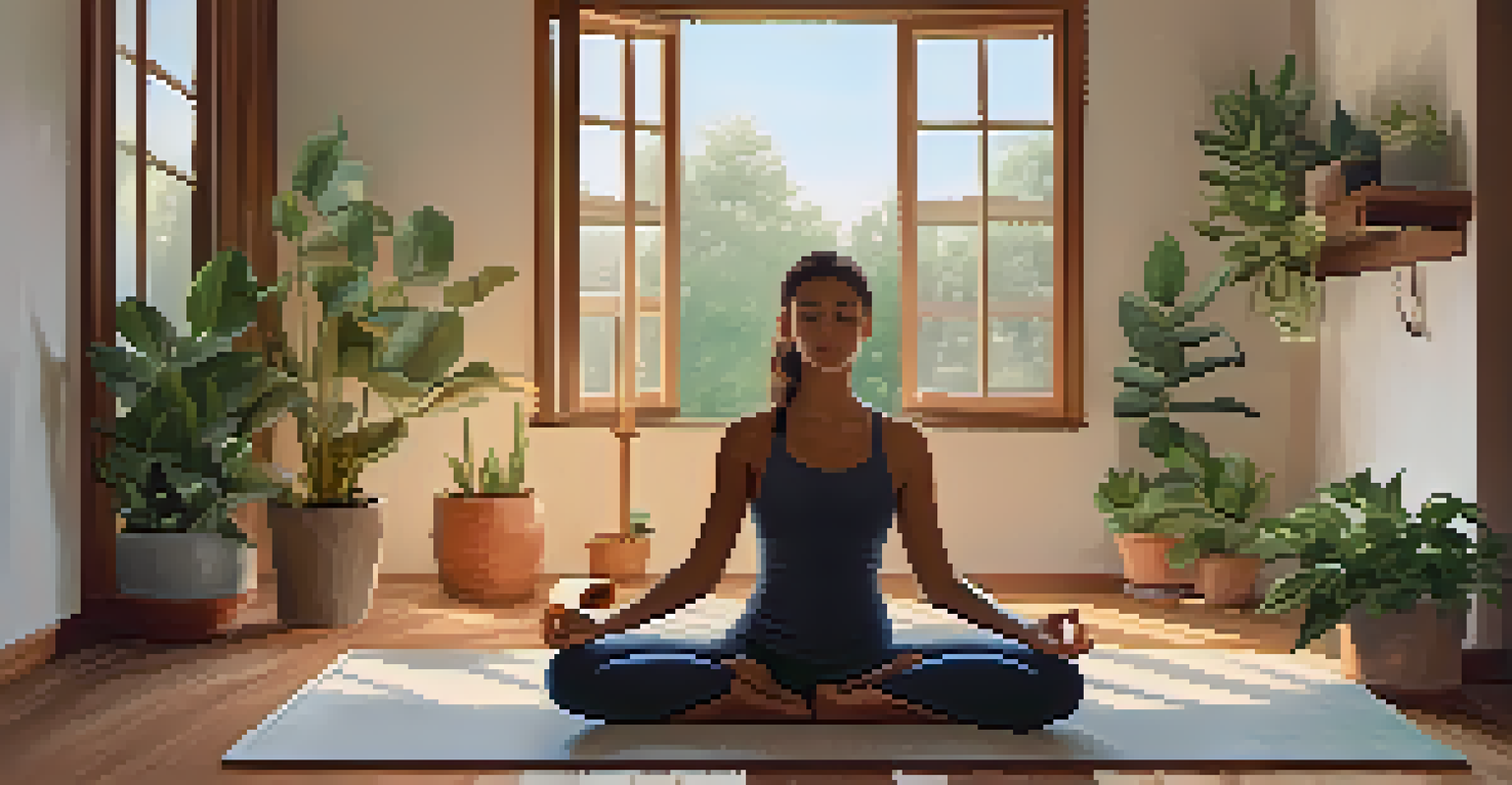 A cozy home yoga space with a yoga mat and props, decorated with plants and natural light, featuring a person in meditation.