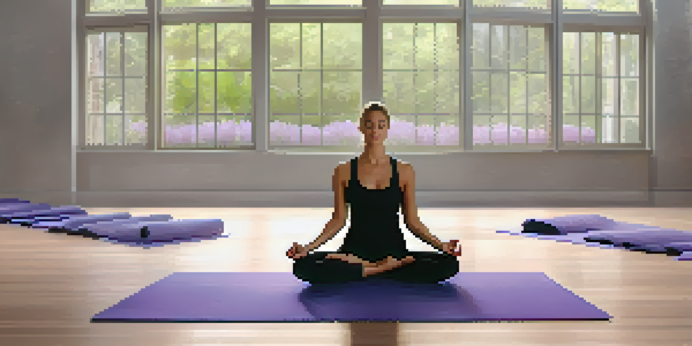 A peaceful yoga studio with a yoga mat and lavender flowers, evoking a calming atmosphere.