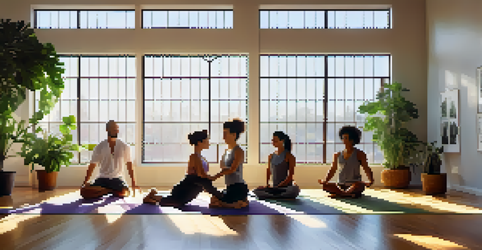 A diverse group of individuals practicing yoga in a sunlit studio surrounded by indoor plants, creating a peaceful and supportive atmosphere.