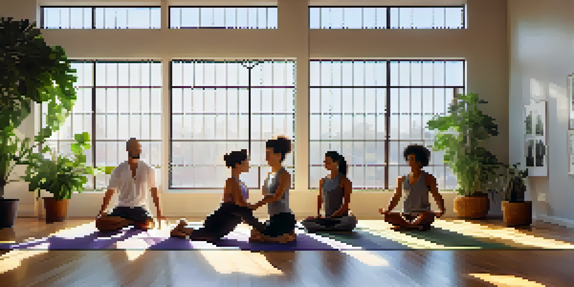 A diverse group of individuals practicing yoga in a sunlit studio surrounded by indoor plants, creating a peaceful and supportive atmosphere.