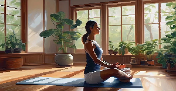 A peaceful yoga space with a person practicing Ashtanga Yoga, surrounded by plants and bathed in natural light.