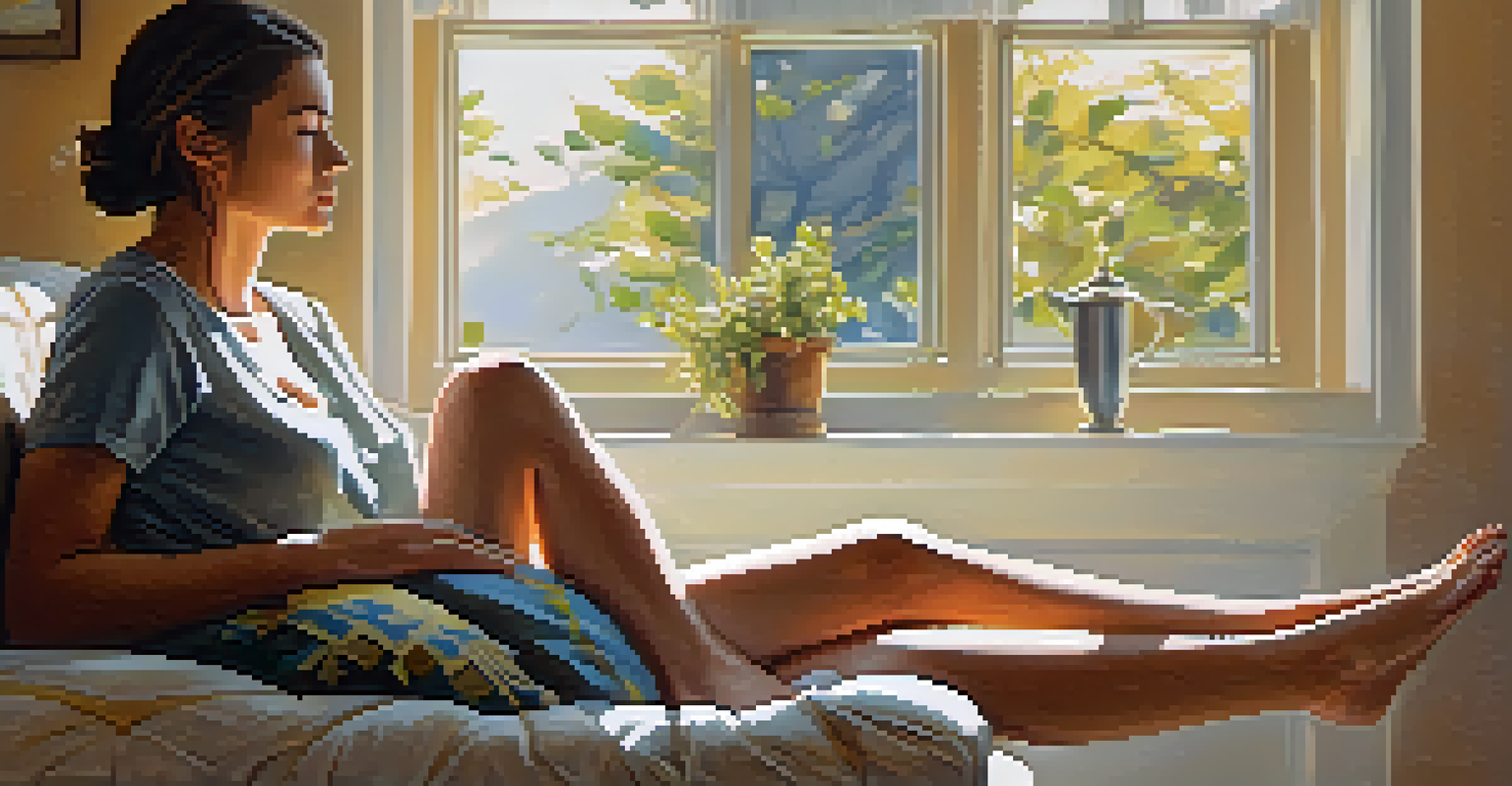 A woman in Wind-Relieving Pose, sitting comfortably in a bright living room.