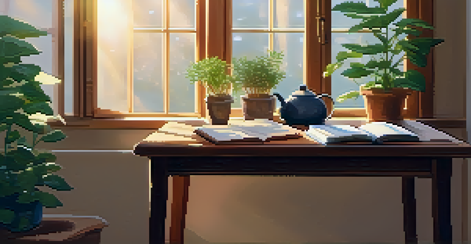 A cozy workspace with a cup of tea, a journal, and a plant, illuminated by warm sunlight.