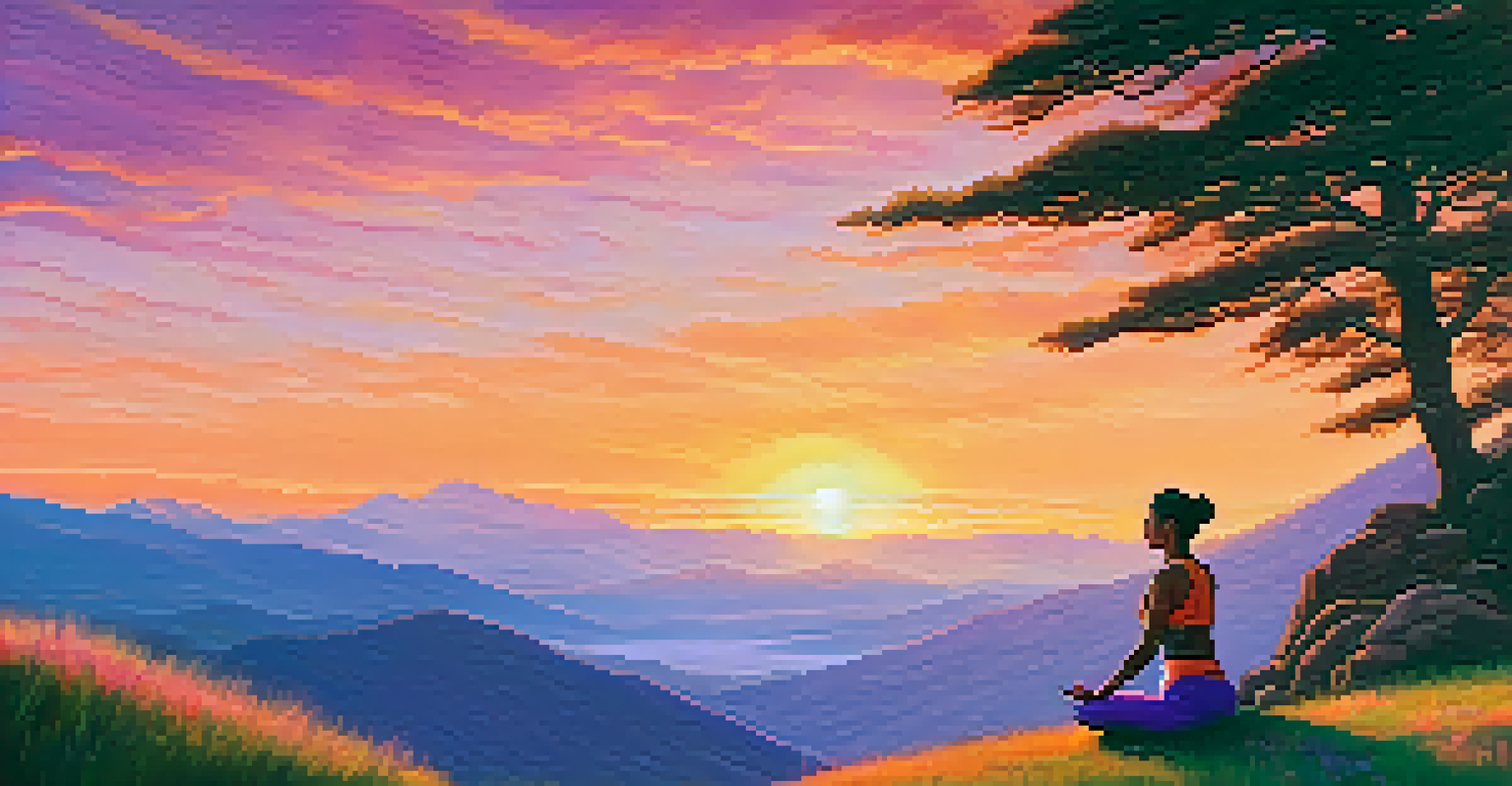 A person practicing yoga on a hilltop at sunset, with vibrant skies and mountains in the background.