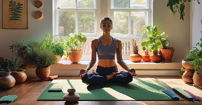 A tranquil yoga studio with sunlight, yoga mats, and a person meditating surrounded by fresh fruits and vegetables.