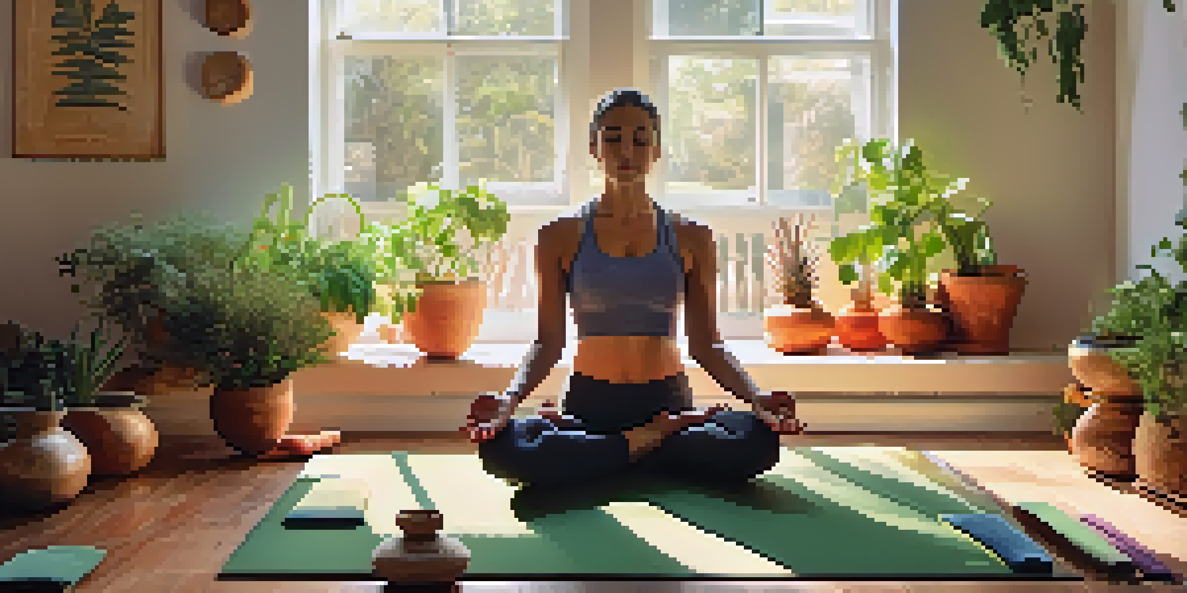 A tranquil yoga studio with sunlight, yoga mats, and a person meditating surrounded by fresh fruits and vegetables.