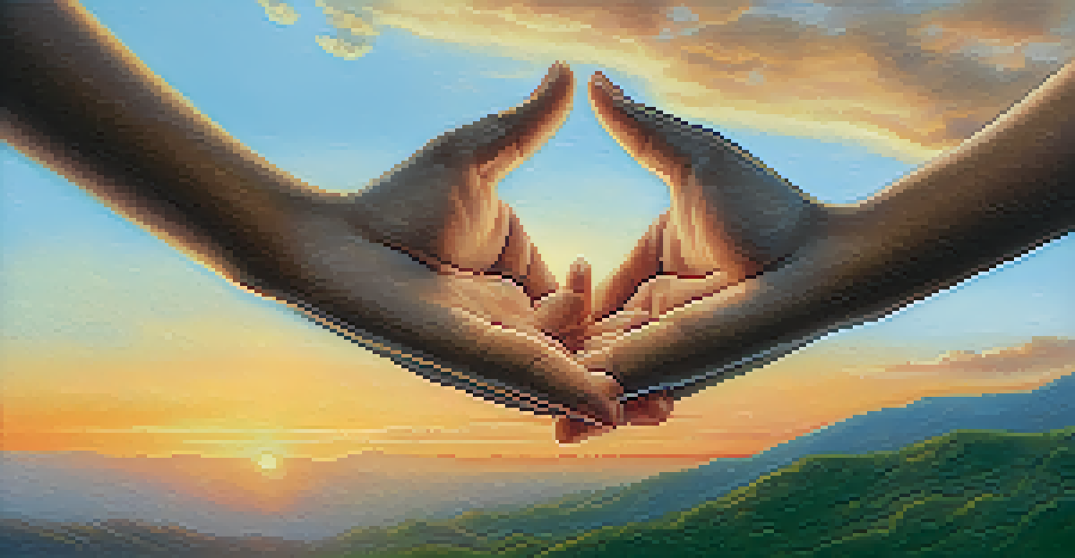 Close-up of hands in a mudra gesture against a blurred landscape of hills and a sunset sky, symbolizing compassion and connection.
