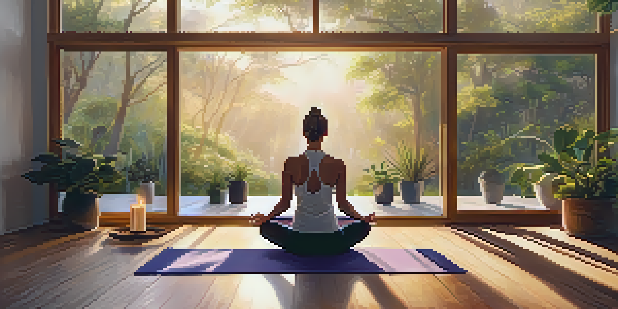 A peaceful yoga studio with a person in a downward dog pose, surrounded by candles and plants, illuminated by warm sunlight.