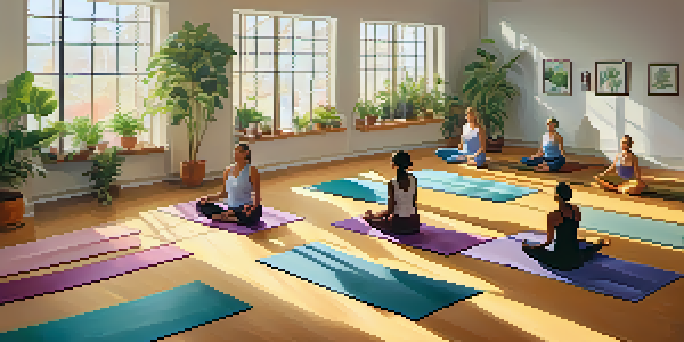 A diverse group of people practicing yoga in a well-lit studio surrounded by plants, showcasing a peaceful atmosphere.