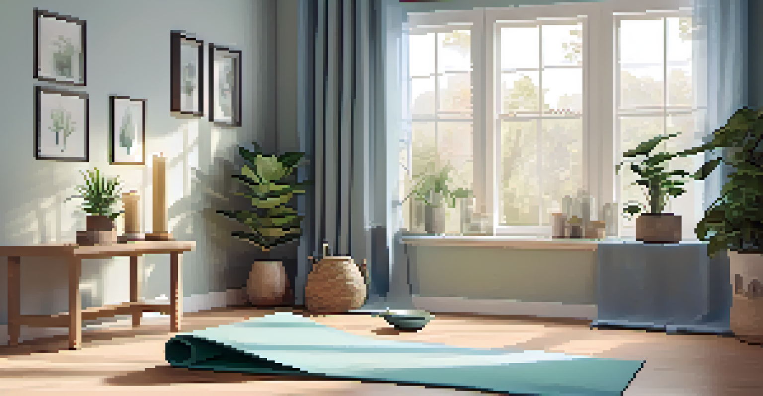 A tranquil yoga corner with a yoga mat, candles, and plants, bathed in soft natural light.
