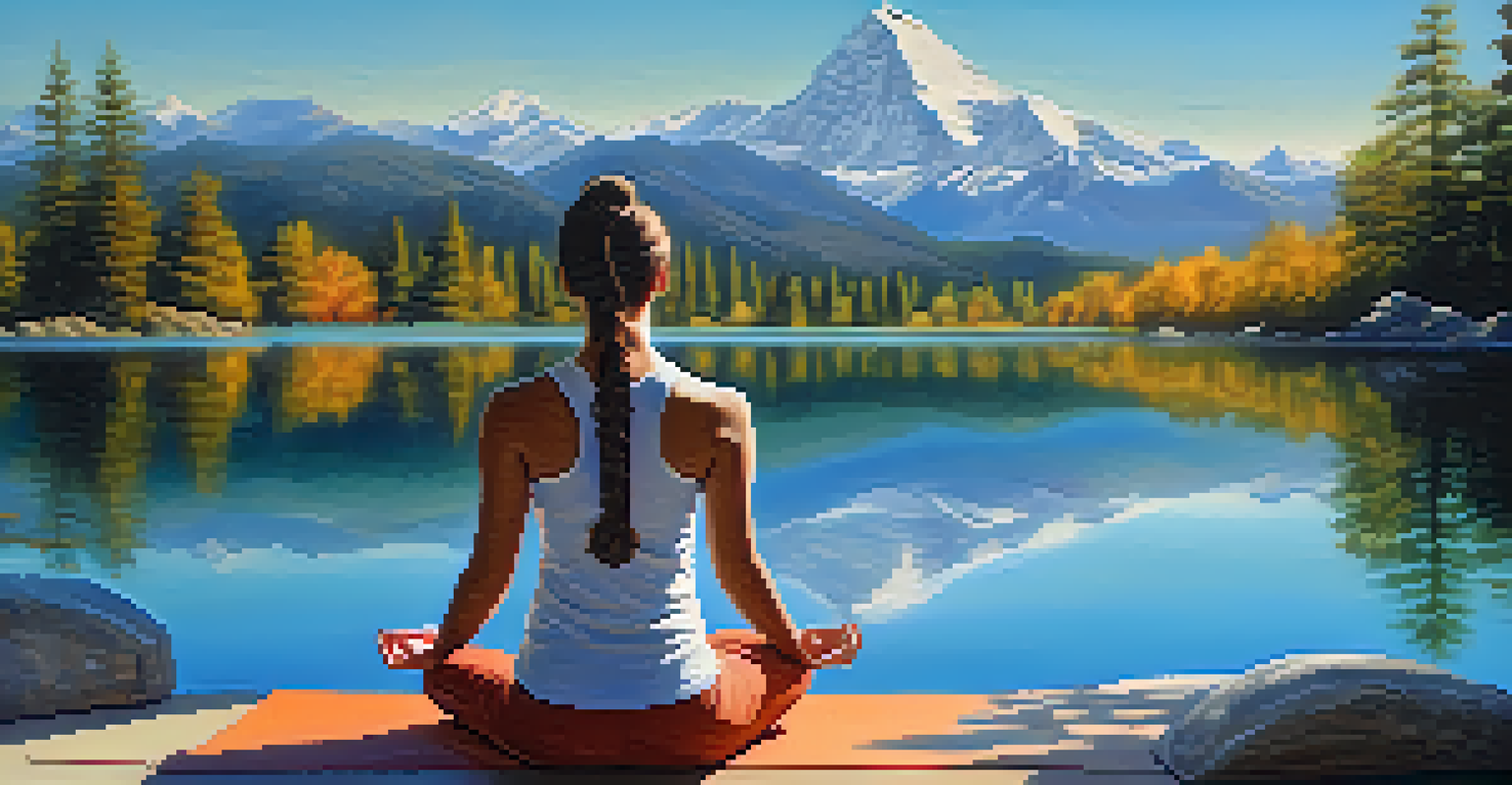 A person practicing yoga in a beautiful outdoor setting with mountains and a lake.