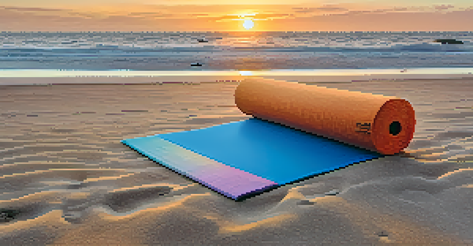 A wooden yoga block and colorful yoga mat on a sandy beach at sunset, with a person practicing yoga in the background.