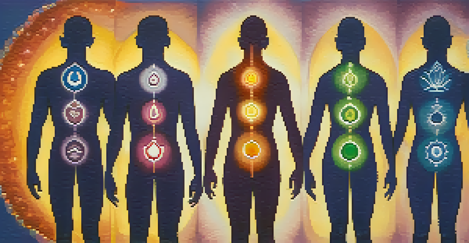A silhouette of a human body with seven colored chakras aligned, set against a gradient background.