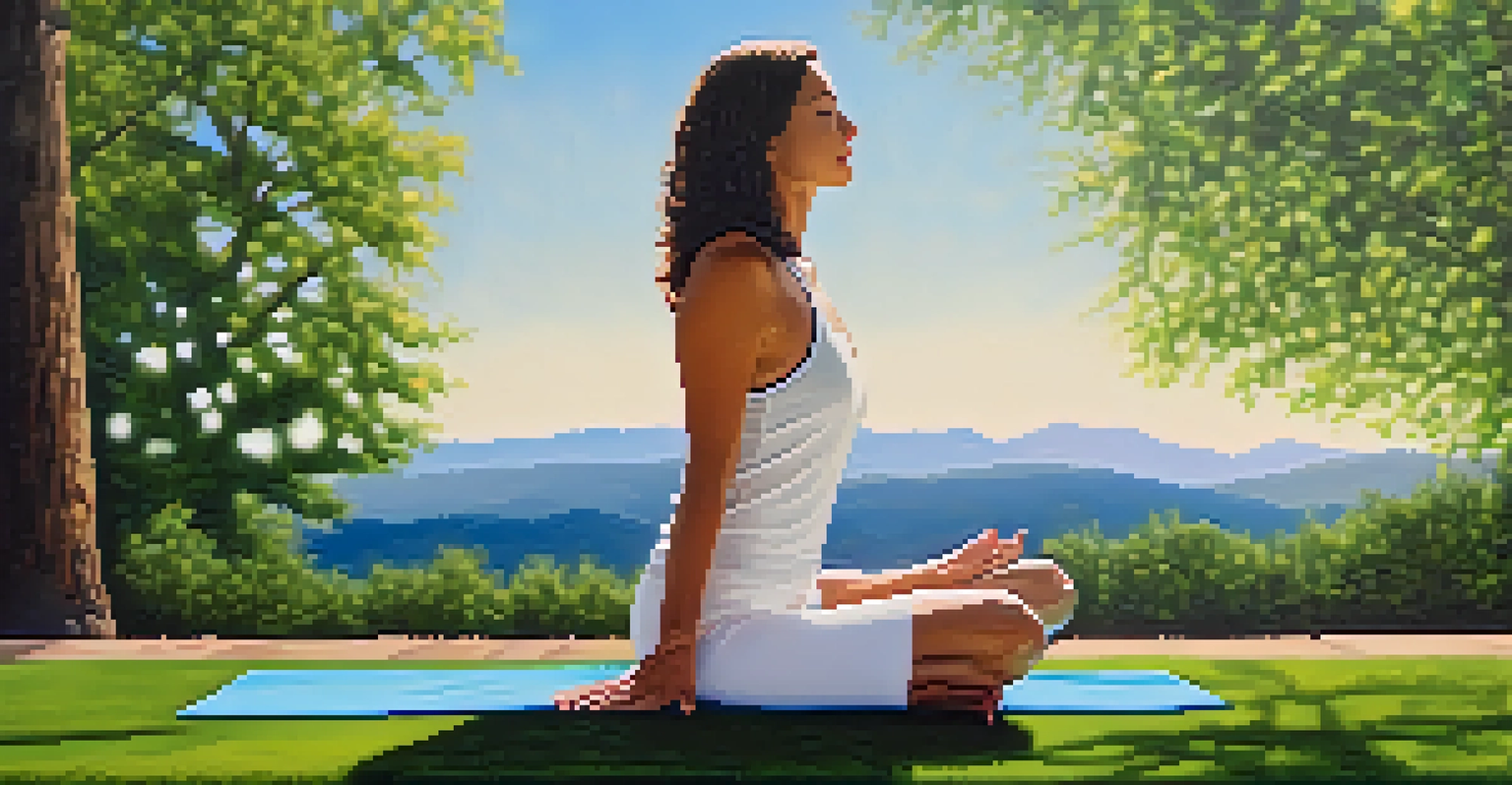 A close-up of a person in Mountain Pose outdoors, demonstrating precise alignment against a backdrop of lush greenery and a blue sky.