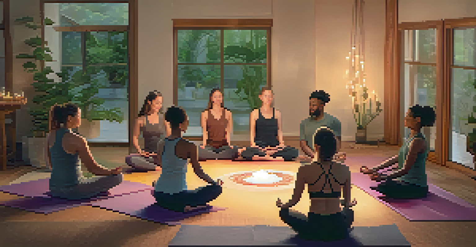 Yoga students sitting in a circle with eyes closed, practicing mindfulness under the guidance of an instructor.