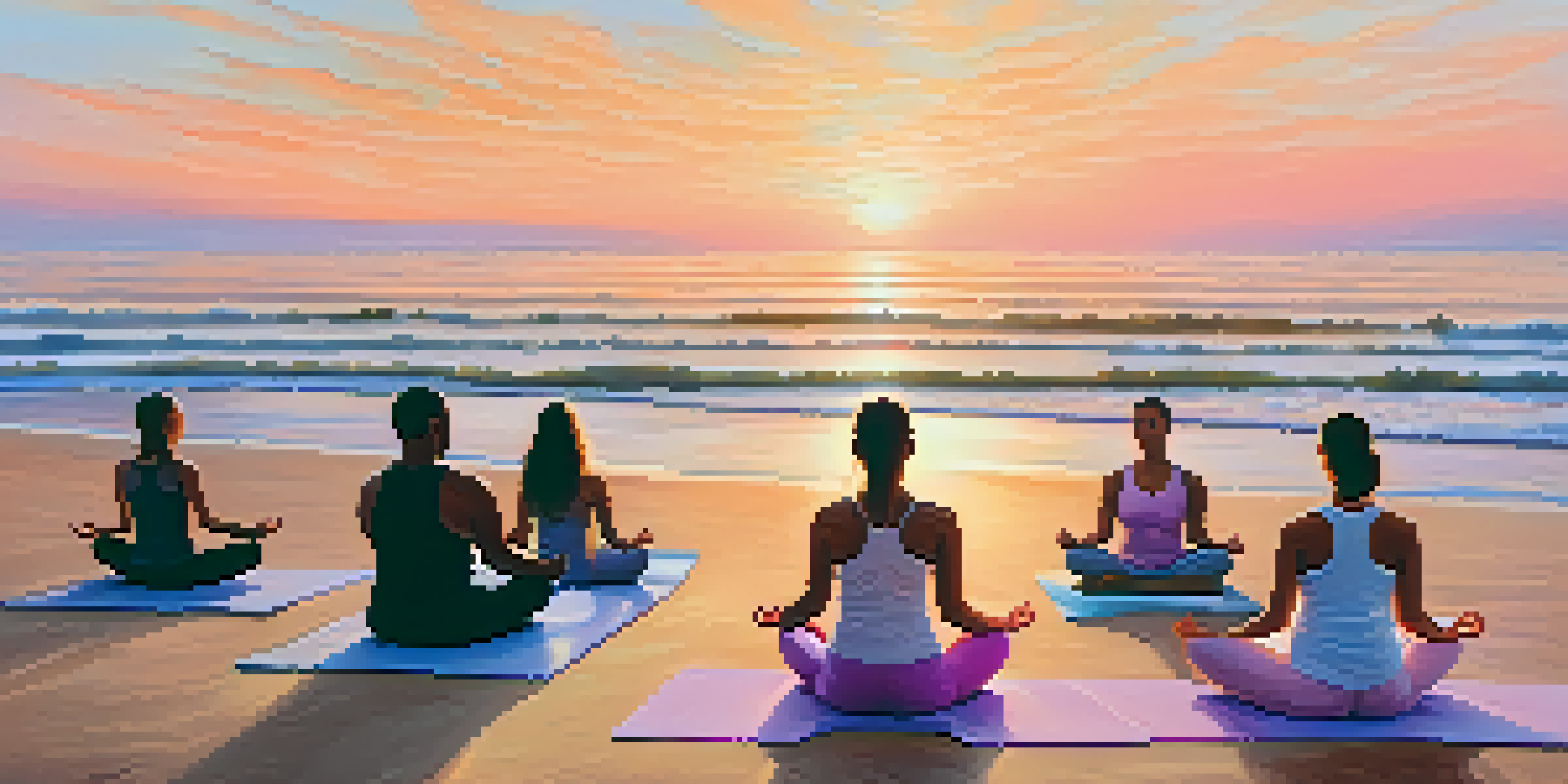A diverse group of individuals practicing yoga on a beach at sunrise, with soft sunlight and pastel-colored sky.