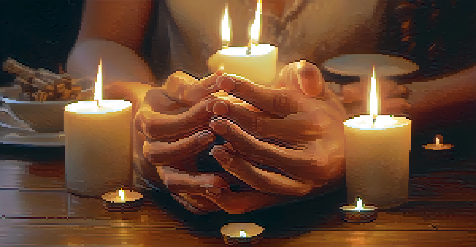 Close-up of hands in a mudra position on a wooden table with candles and incense, evoking a peaceful atmosphere.