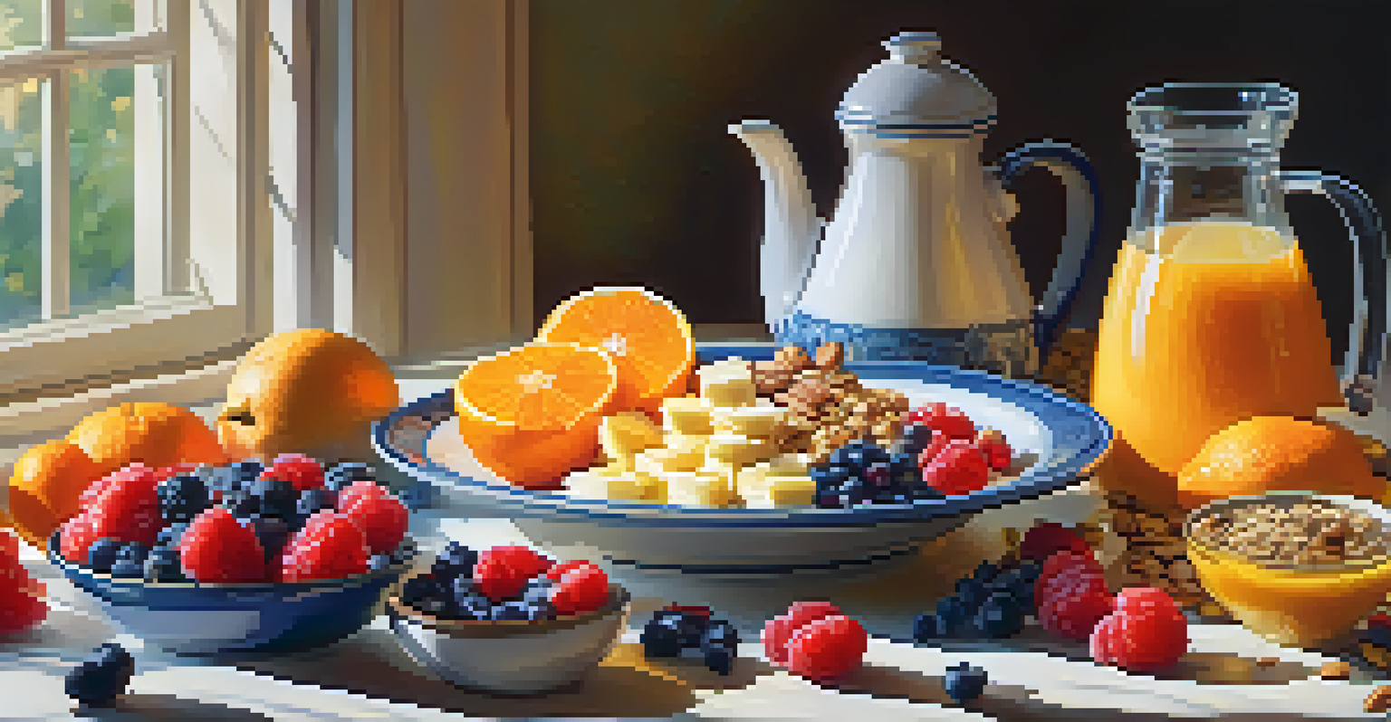 A breakfast table with colorful fruits and a bowl of oatmeal, illuminated by warm morning light.