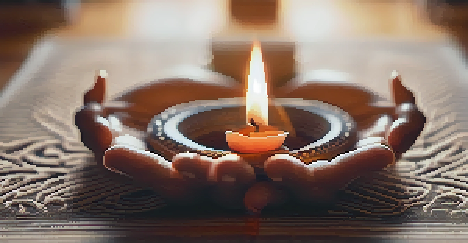 Close-up of hands in a mudra position on a yoga mat, with candles and incense in the background.