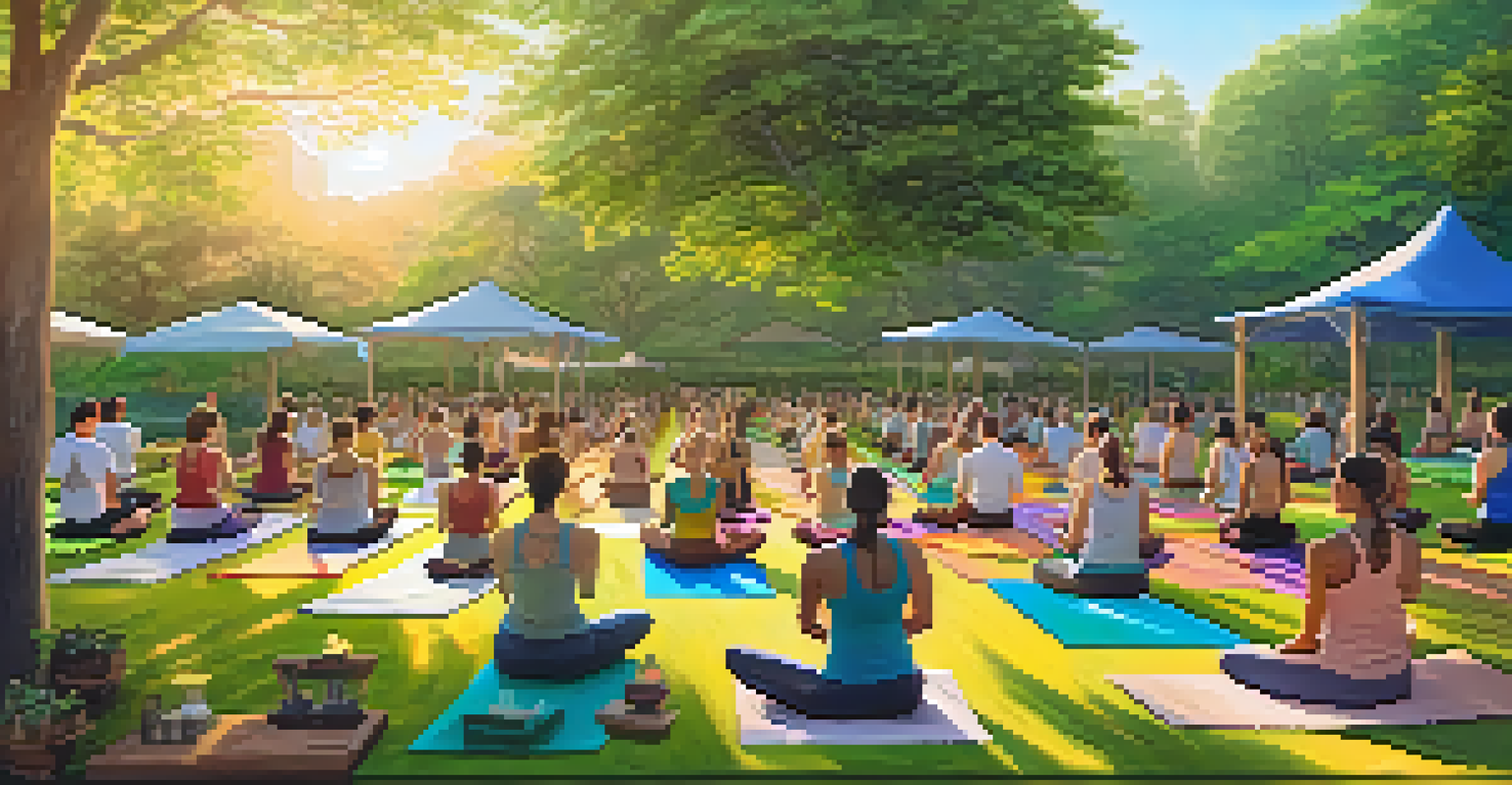 An outdoor yoga class in a park with participants in eco-friendly clothing practicing yoga poses.