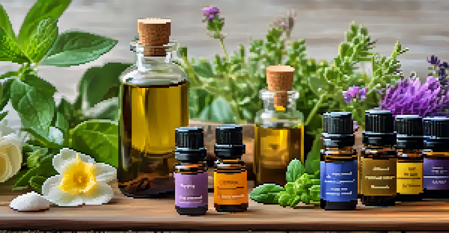 A collection of essential oils on a wooden table with a yoga mat in the background, surrounded by herbs and flowers.