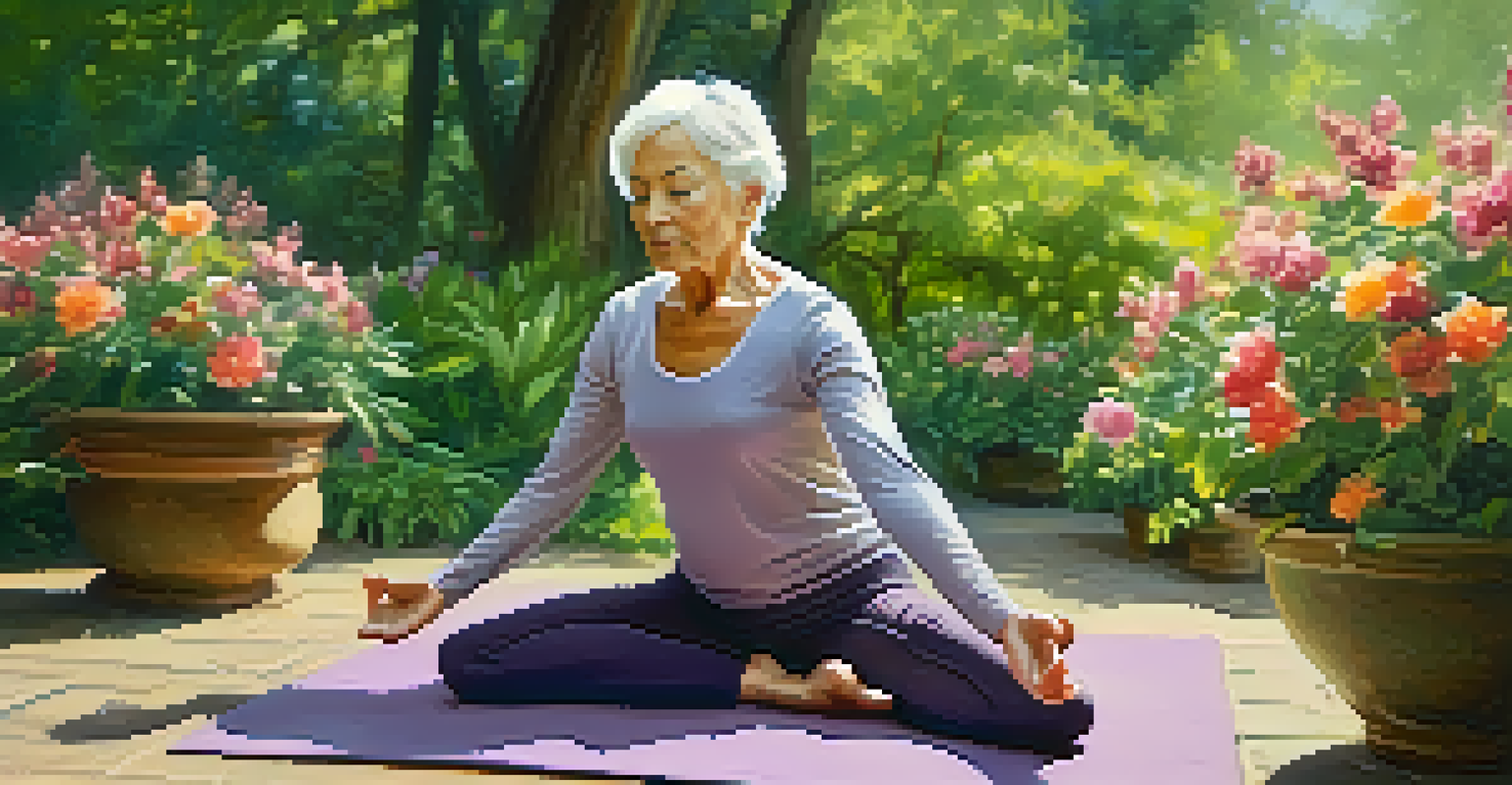 An elderly woman practicing the Warrior pose in a beautiful garden, surrounded by flowers and greenery.