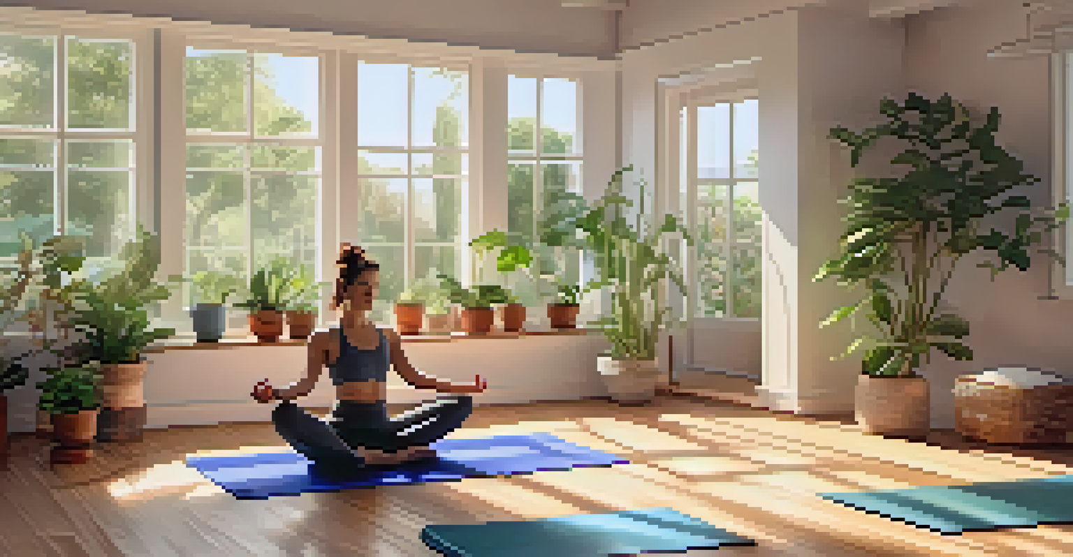 A person practicing yoga in a serene studio with natural light and plants, using a yoga strap for support in a forward bend.