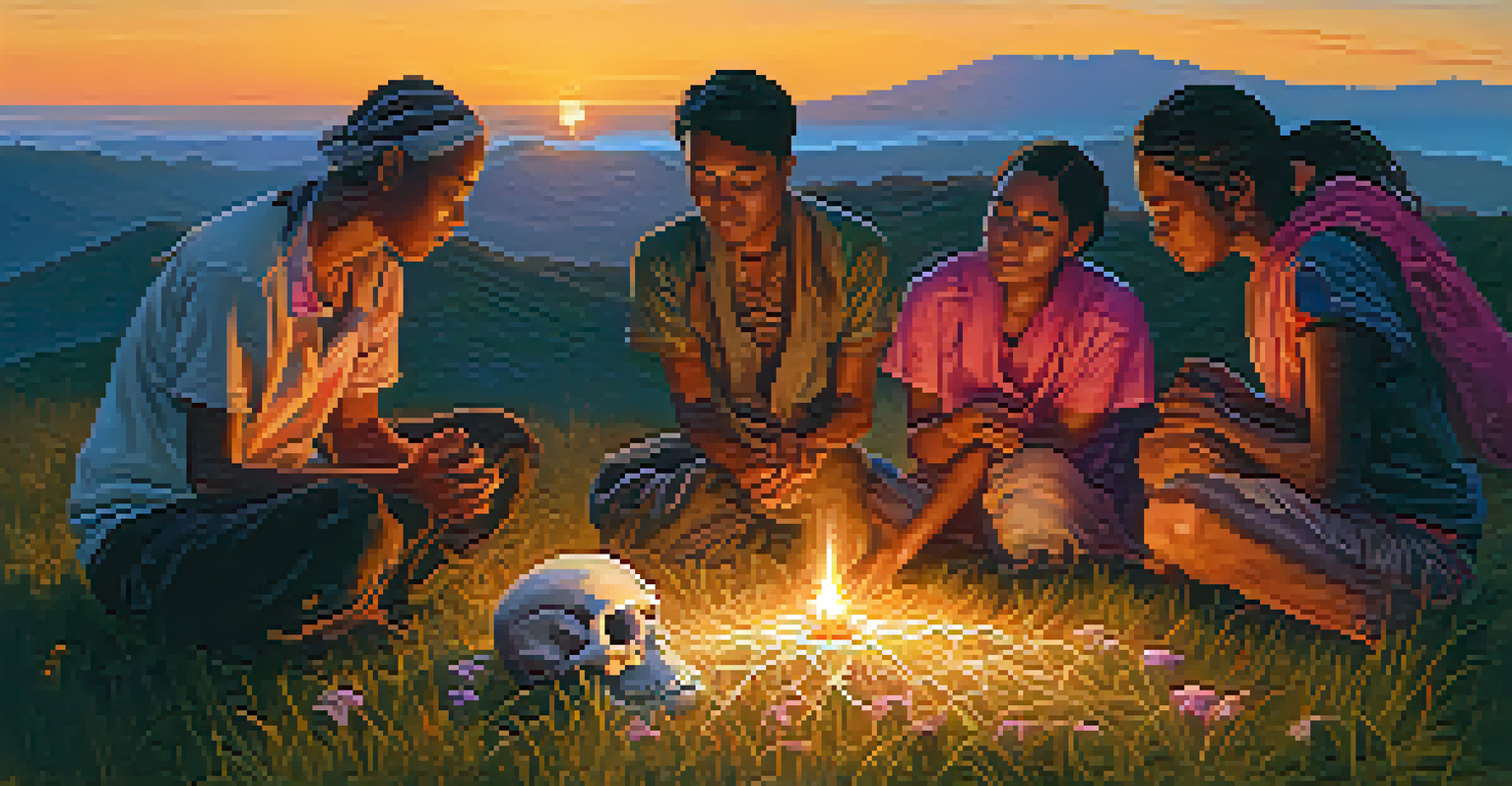 A group of people practicing breathing exercises at sunrise on a picturesque hilltop.