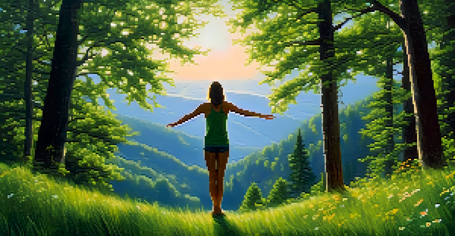 A person practicing Tree Pose in a serene forest, with sunlight filtering through trees and colorful wildflowers around.
