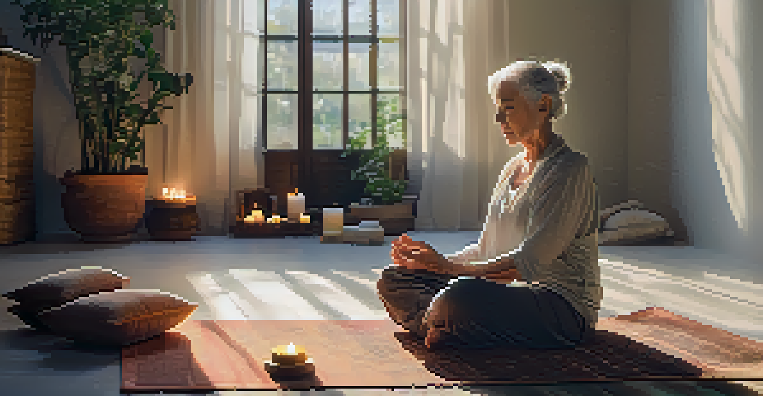 An elderly woman meditating on a yoga mat surrounded by candles and natural light.