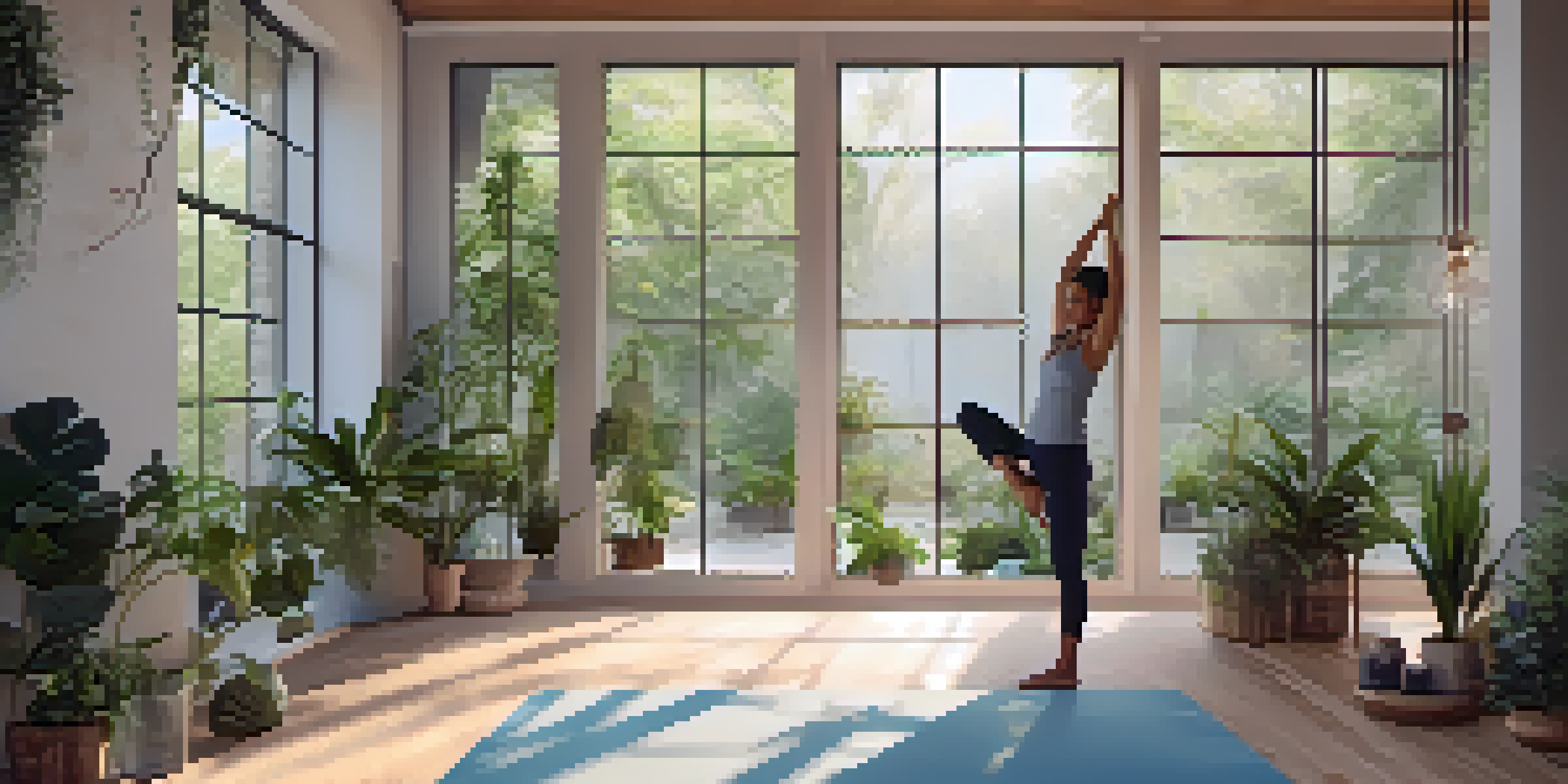 A peaceful yoga studio with a practitioner in Child's Pose, surrounded by greenery and gentle lighting.