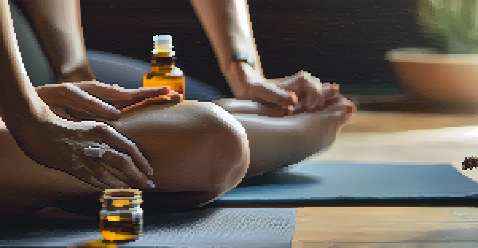 Close-up of hands on a yoga mat, holding a bottle of essential oil, with a diffuser and soft props in the background, all in warm lighting.
