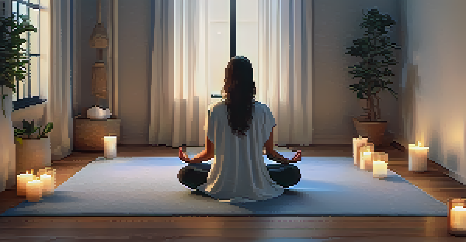 A person meditating on a cushion surrounded by candles in a serene, softly lit space.