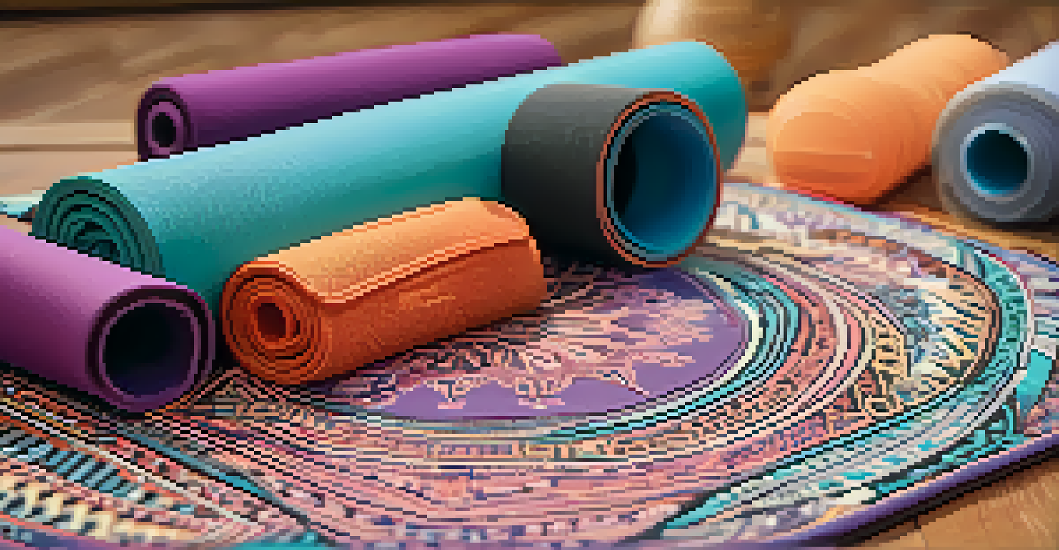 A close-up of a yoga mat with a water bottle and accessories like blocks and straps around it.