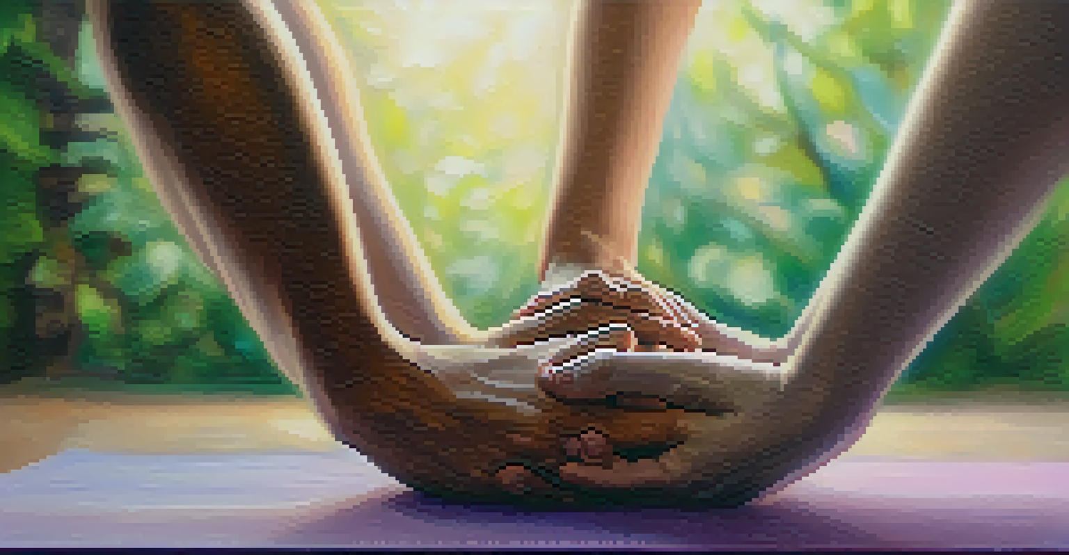 A close-up of two hands intertwined during partner yoga, symbolizing support and connection with a softly blurred background.