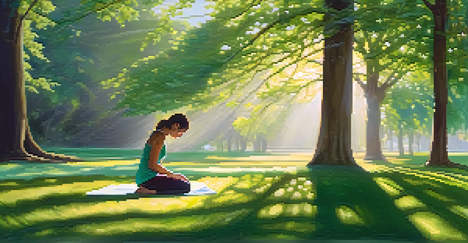 A person practicing Forward Fold in a sunny park surrounded by greenery.