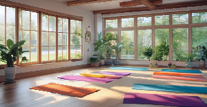 A tranquil yoga studio with individuals practicing yoga poses in a peaceful environment.