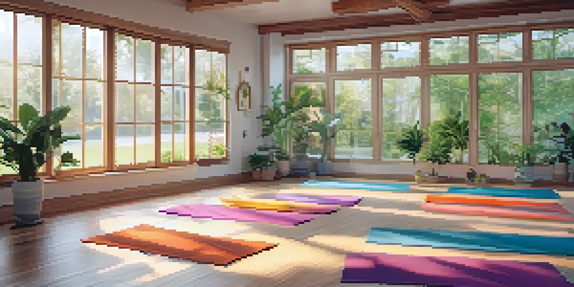 A tranquil yoga studio with individuals practicing yoga poses in a peaceful environment.