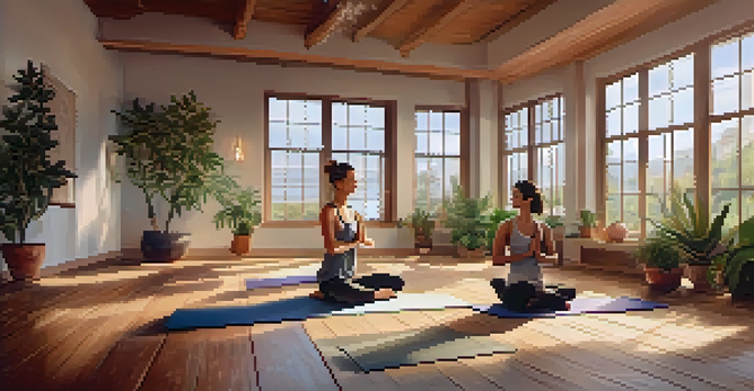 A peaceful yoga studio with a person practicing yoga, surrounded by plants and soft lighting.