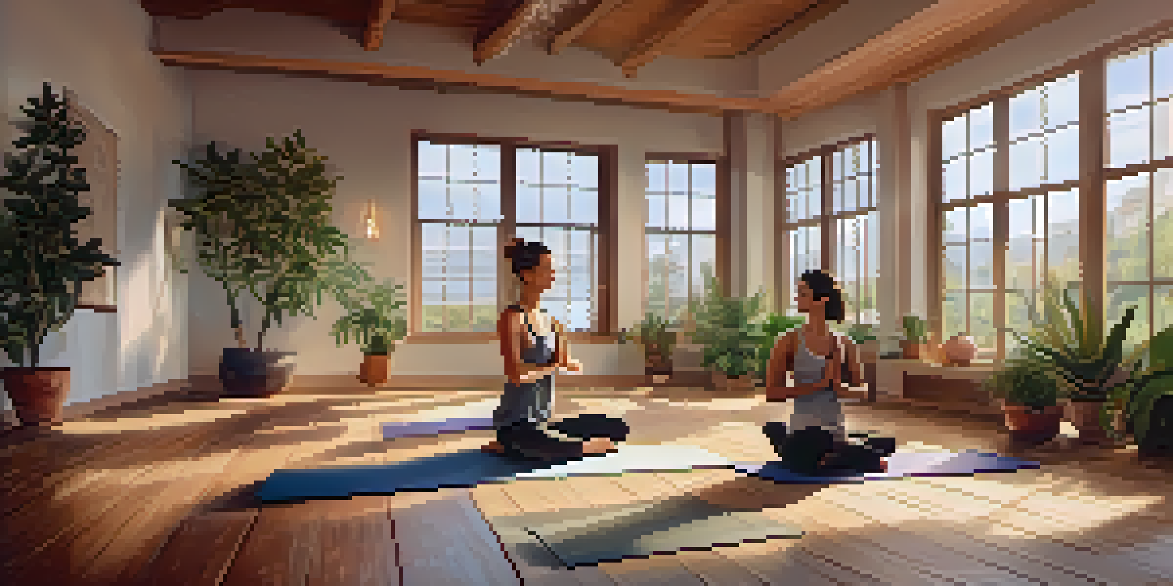 A peaceful yoga studio with a person practicing yoga, surrounded by plants and soft lighting.