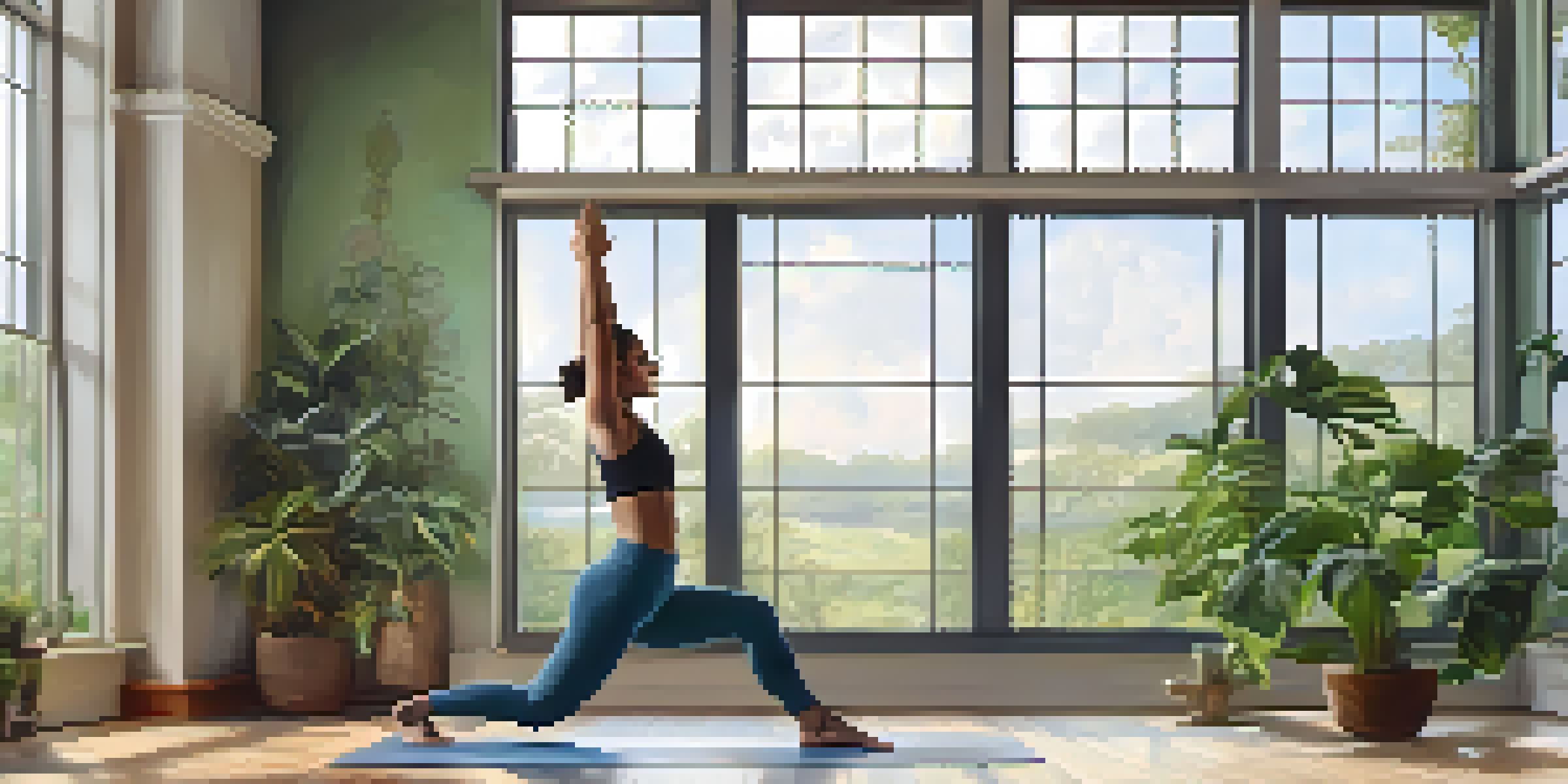 A person practicing Warrior II pose in a well-lit yoga studio with plants and calming colors.